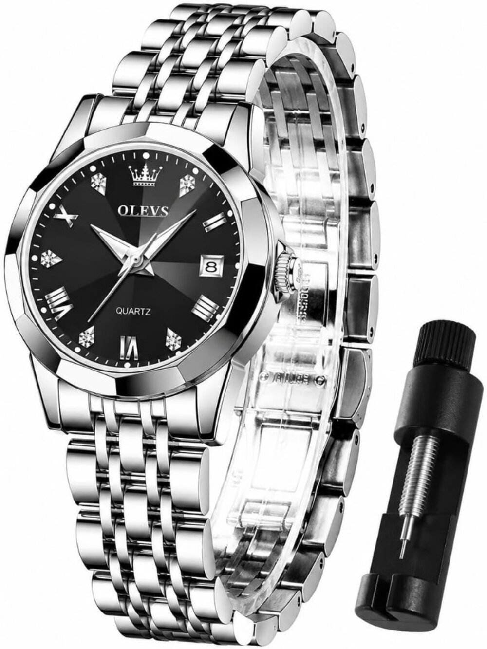 Women’s Black White Luxury Stainless Steel Waterproof Quartz Analog Dress Watch